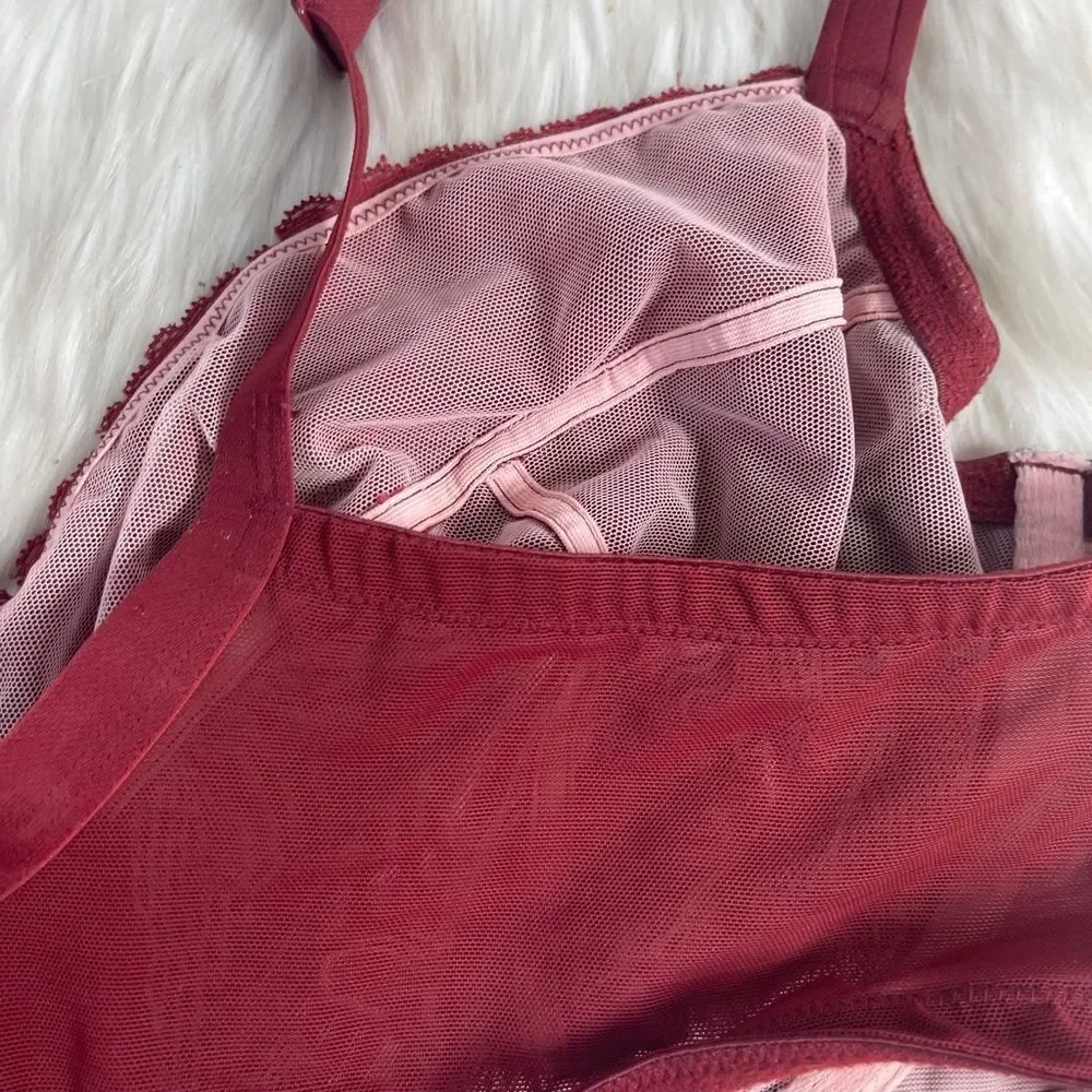 Cacique Wine Red Lace Full Coverage Unlined Bra Sz 44DD‎